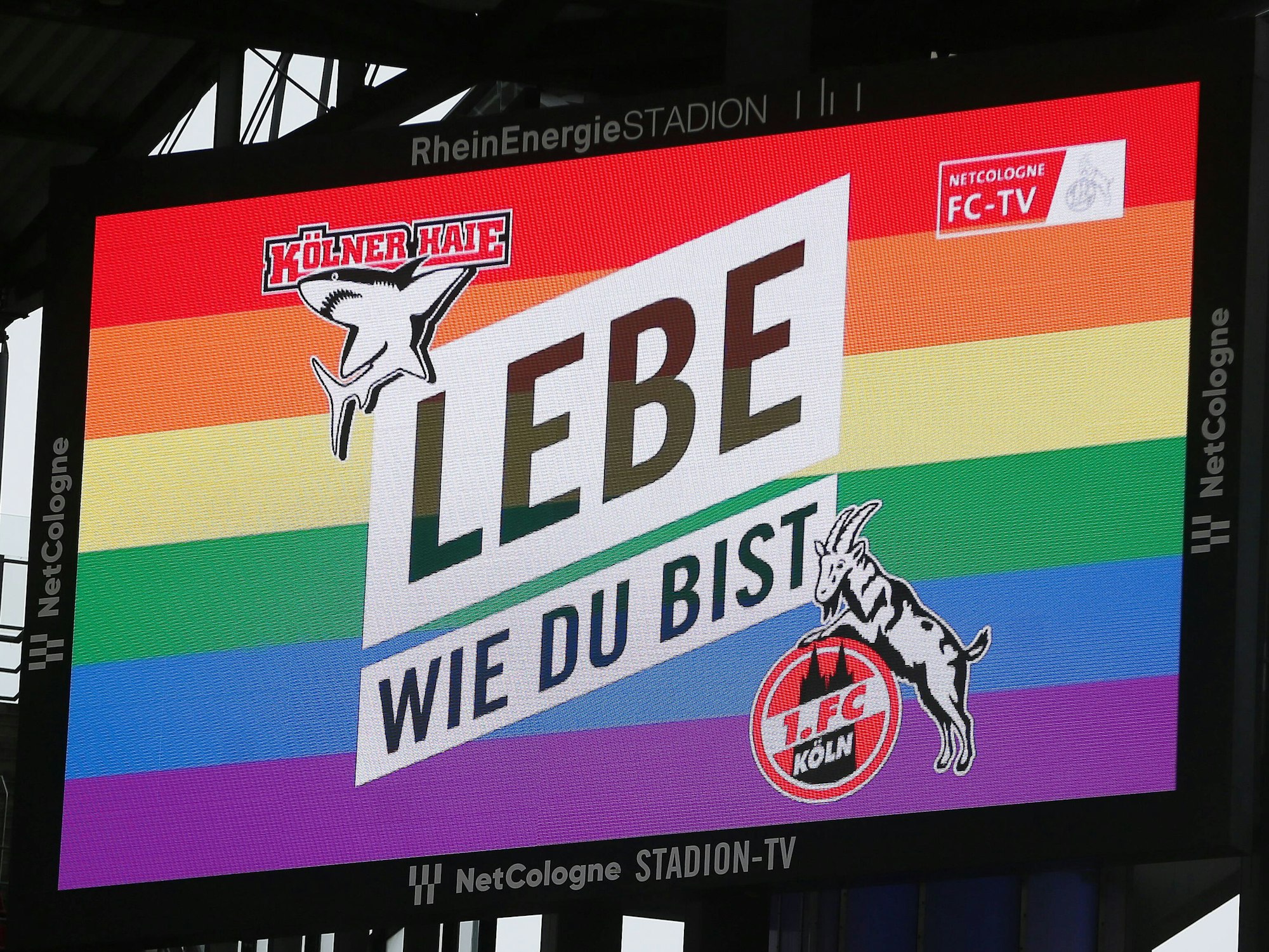 Der 1. FC Köln und die Kölner Haie ermutigen ihre Anhängerinnen und Anhänger auf der Anzeigetafel, so zu leben, wie sie wollen.
