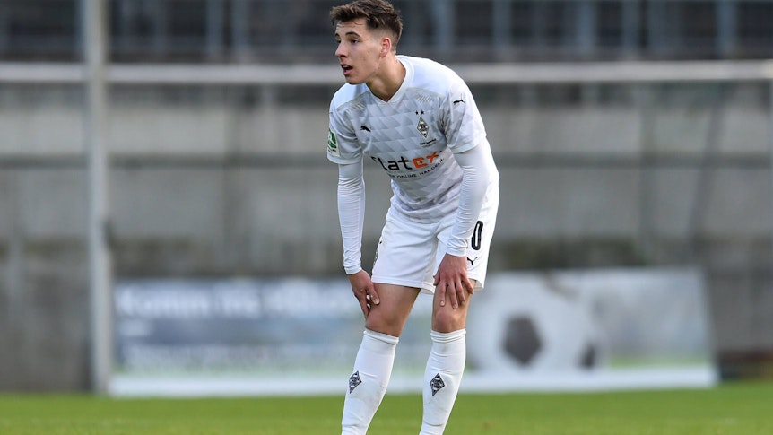 Conor Noß, hier beim Regionalliga-Spiel zwischen Borussia Mönchengladbach und dem Wuppertaler SV am 14. April 2021, erzielte bei RW Ahlen den einzigen Treffer für Gladbachs U23.
