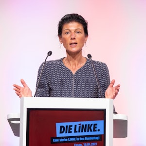Sahra Wagenknecht (Linke) spricht bei einer Online-Versammlung im April 2021.