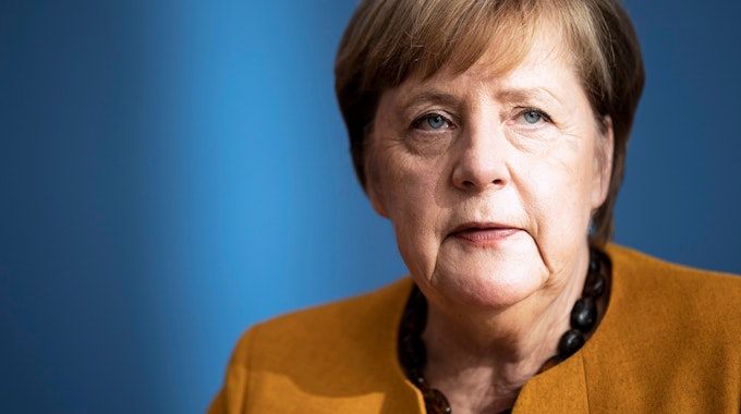 Angela Merkel, aufgenommen im Rahmen einer Bundespressekonferenz nach der Sitzung des Corona-Kabinetts in Berlin, 02.11.2020.