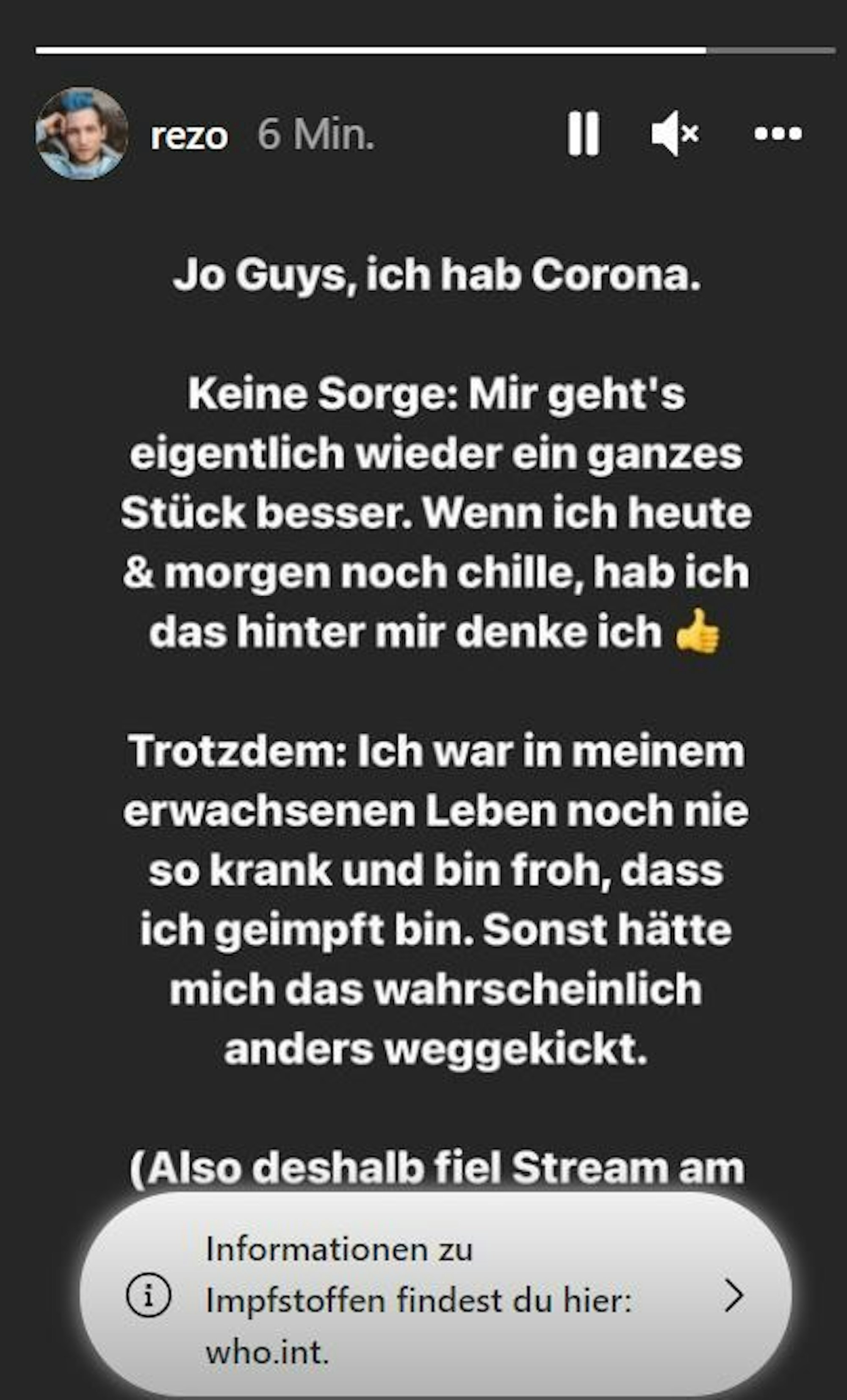 In seiner Instagram-Story hat der YouTuber Rezo am Sonntag, 7. November erklärt, dass er an Corona erkrankt ist.