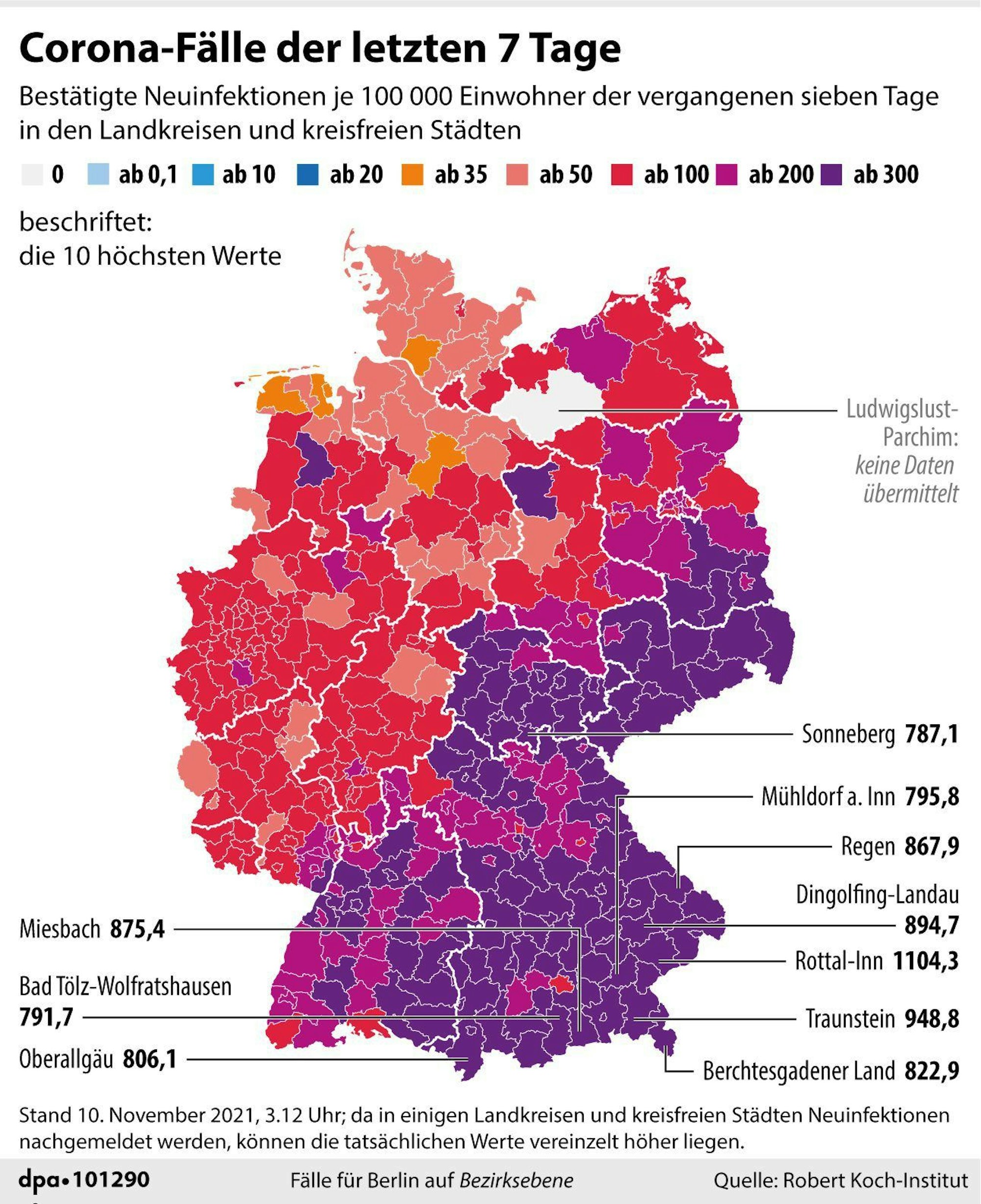 Die Corona-Fälle der letzten sieben Tage in Deutschland: Besonders in Baden-Württemberg, Bayern, Thüringen und Sachsen ist die Lage ernst.