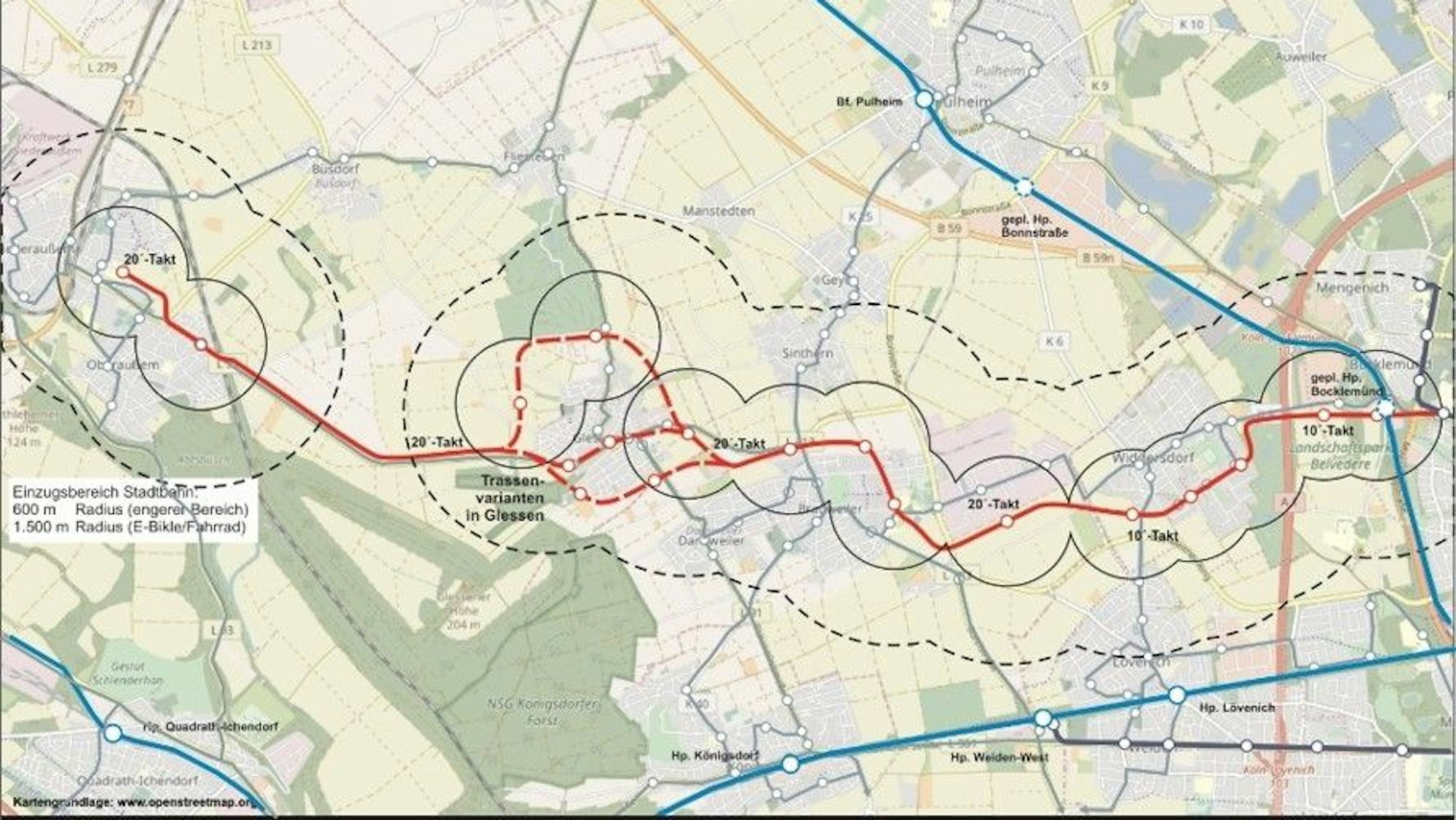 Karte mit möglichem Linienplan der Linie 4