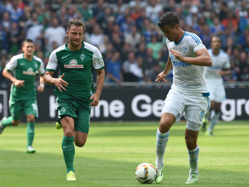 Werders Philipp Bargfrede und Schalkes Franco Di Santo kämpfen um den Ball.