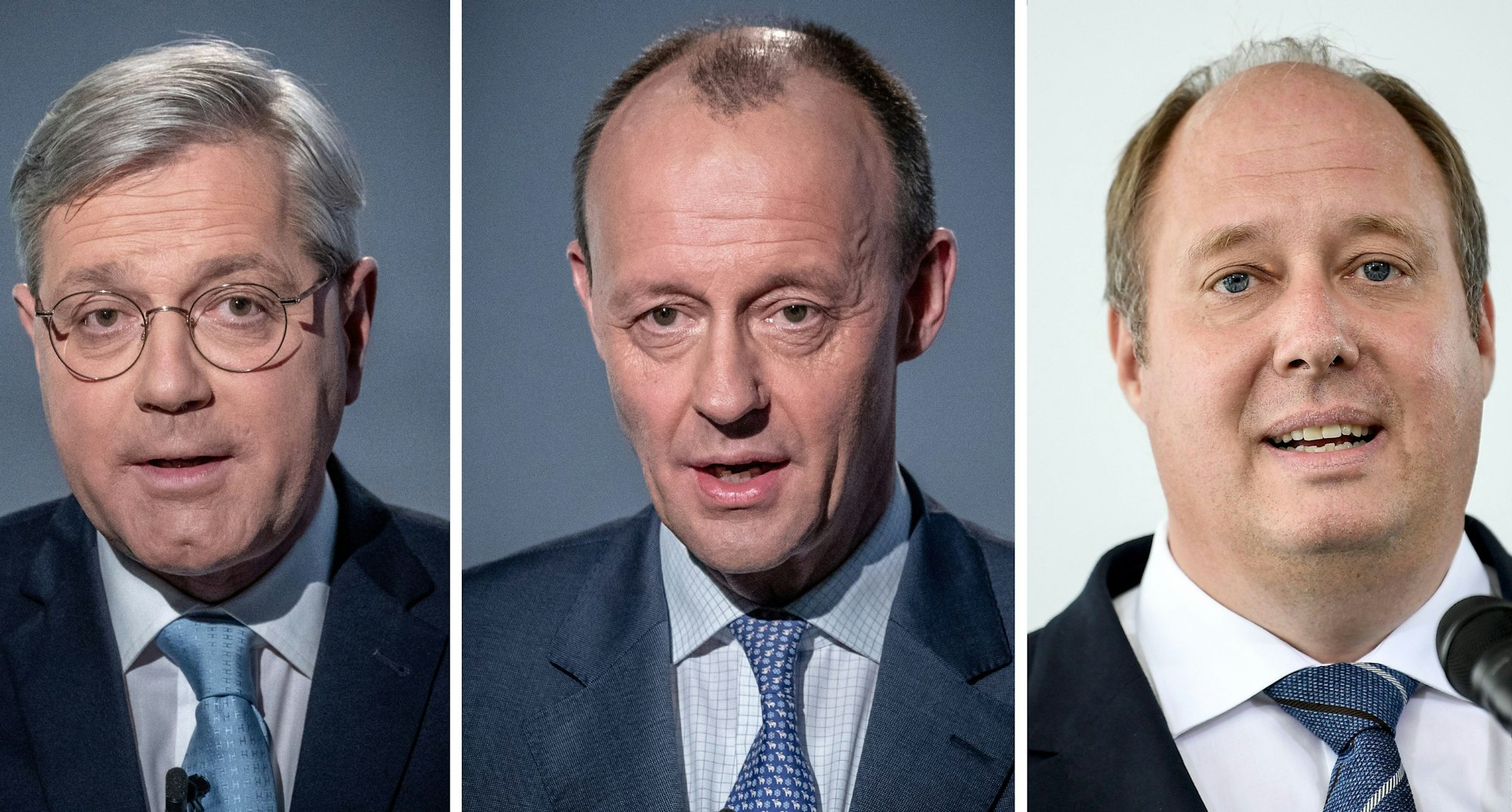 Die CDU-Politiker Norbert Röttgen (l-r) Friedrich Merz, aufgenommen jeweils am 08.01.2021, und Helge Braun, aufgenommen am 27.07.2020 bewerben sich für die Nachfolge von Armin Laschet als CDU-Chef.