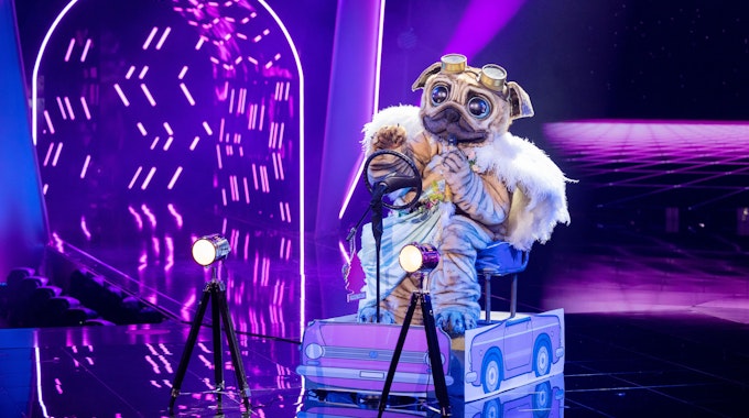 13.11.2021, Nordrhein-Westfalen, Köln: Die Figur Der Mops steht in der „ProSieben“-Show „The Masked Singer“ auf der Bühne.