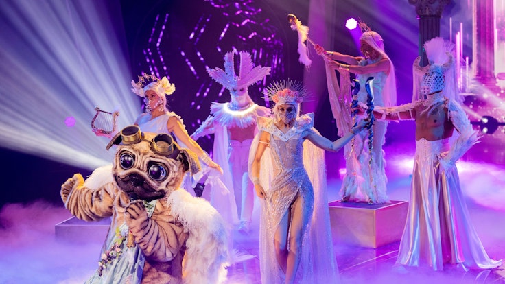 Die Figur „Der Mops“ steht in der Prosieben-Show „The Masked Singer“ auf der Bühne.