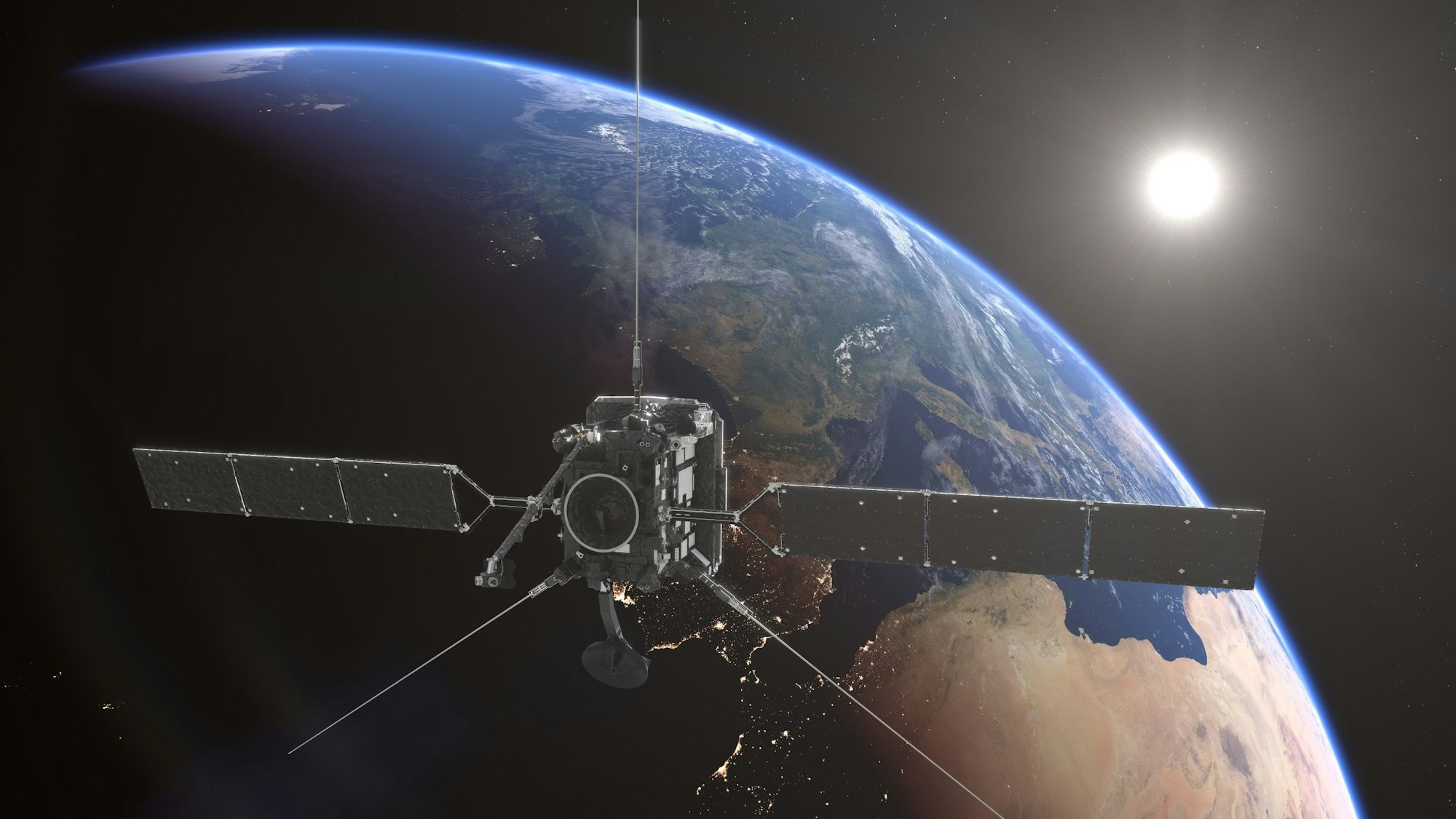 Das Foto (aufgenommen am 24. November 2021) zeigt eine künstlerische Darstellung von der Forschungssonde „Solar Orbiter“ bei einem Vorbeiflug an der Erde.
