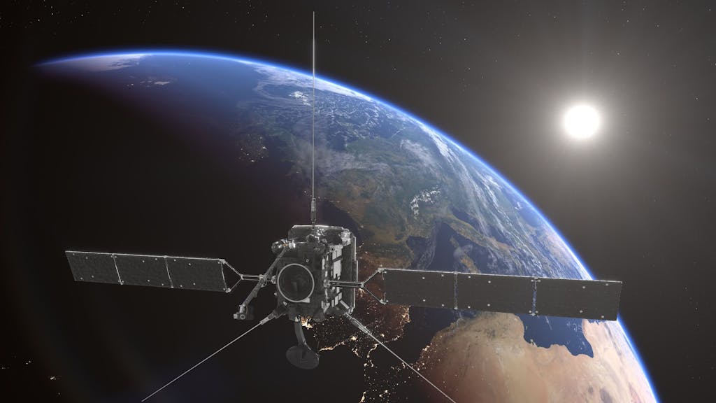 Das Foto (aufgenommen am 24. November 2021) zeigt eine künstlerische Darstellung von der Forschungssonde „Solar Orbiter“ bei einem Vorbeiflug an der Erde.&nbsp;