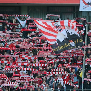 Fans des 1. FC Köln jubeln und halten ihre Schals in die Luft