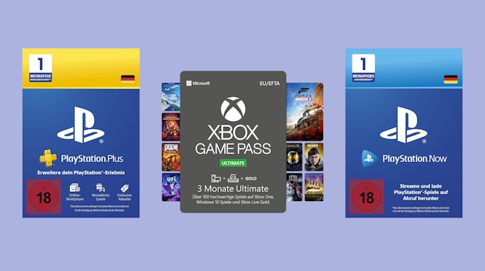 Abo-Karten von PlayStation Plus, Xbox Game Pass und PlayStation Now.