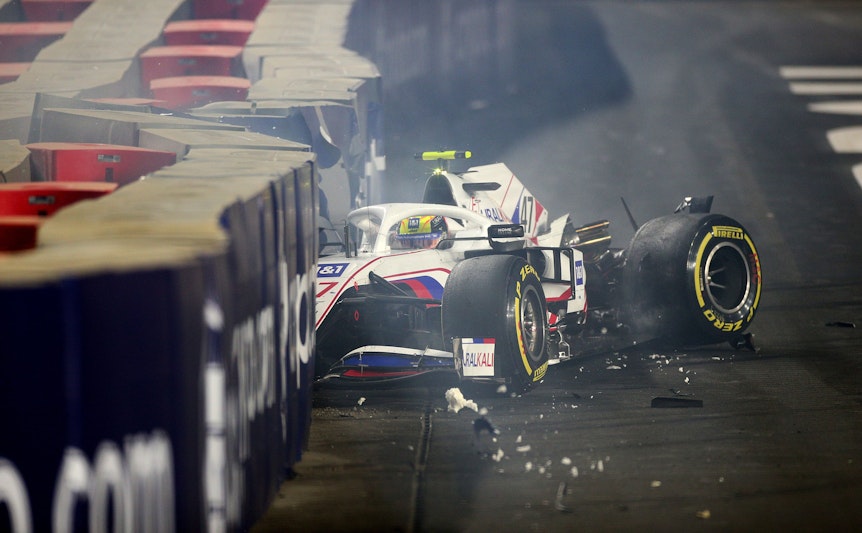 Mick Schumacher in seinem demolierten Haas in Saudi-Arabien.