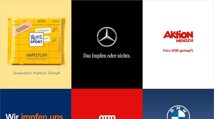 Das Handout zeigt sechs Motive aus einer Werbekampagne von deutschen Unternehmen und Organisationen, die Menschen dazu bewegen will, sich gegen das Corona-Virus impfen zu lassen.