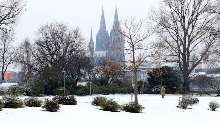 Köln: Schnee in Köln, Rheinpark Blick auf den Dom