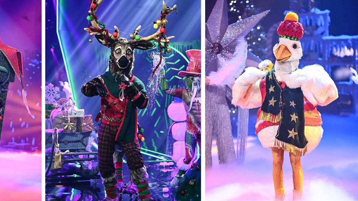 Die drei neuen Masken der „The Masked Singer – Die rätselhafte Weihnachtsshow“: das Geschenk, das Rentier und die Weihnachtsgans (von links). Die Spezial-Ausgabe wird am 26.12.2021 auf ProSieben ausgestrahlt.