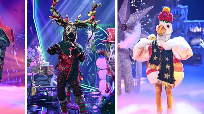 Die drei neuen Masken der „The Masked Singer – Die rätselhafte Weihnachtsshow“: das Geschenk, das Rentier und die Weihnachtsgans (von links). Die Spezial-Ausgabe wird am 26.12.2021 auf ProSieben ausgestrahlt.