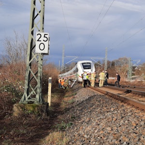 Ein ICE steht auf den Gleisen, davor und daneben Experten der Deutschen Bahn, die sich den Schaden an der Oberleitung angucken.