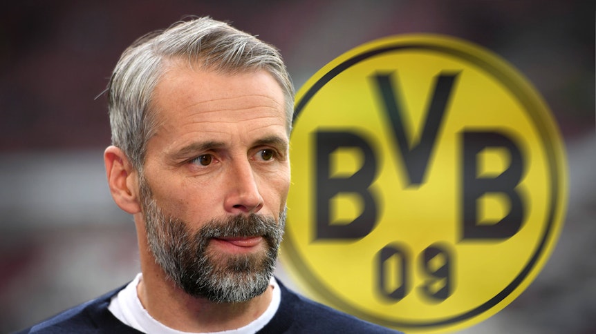 Diese Fotomontage zeigt Gladbach-Trainer Marco Rose (44) und das Wappen seines künftigen Arbeitgebers, sprich Borussia Dortmund