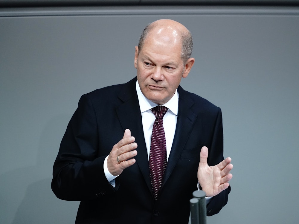 Olaf Scholz von der SPD bei einer Rede im deutschen Bundestag.