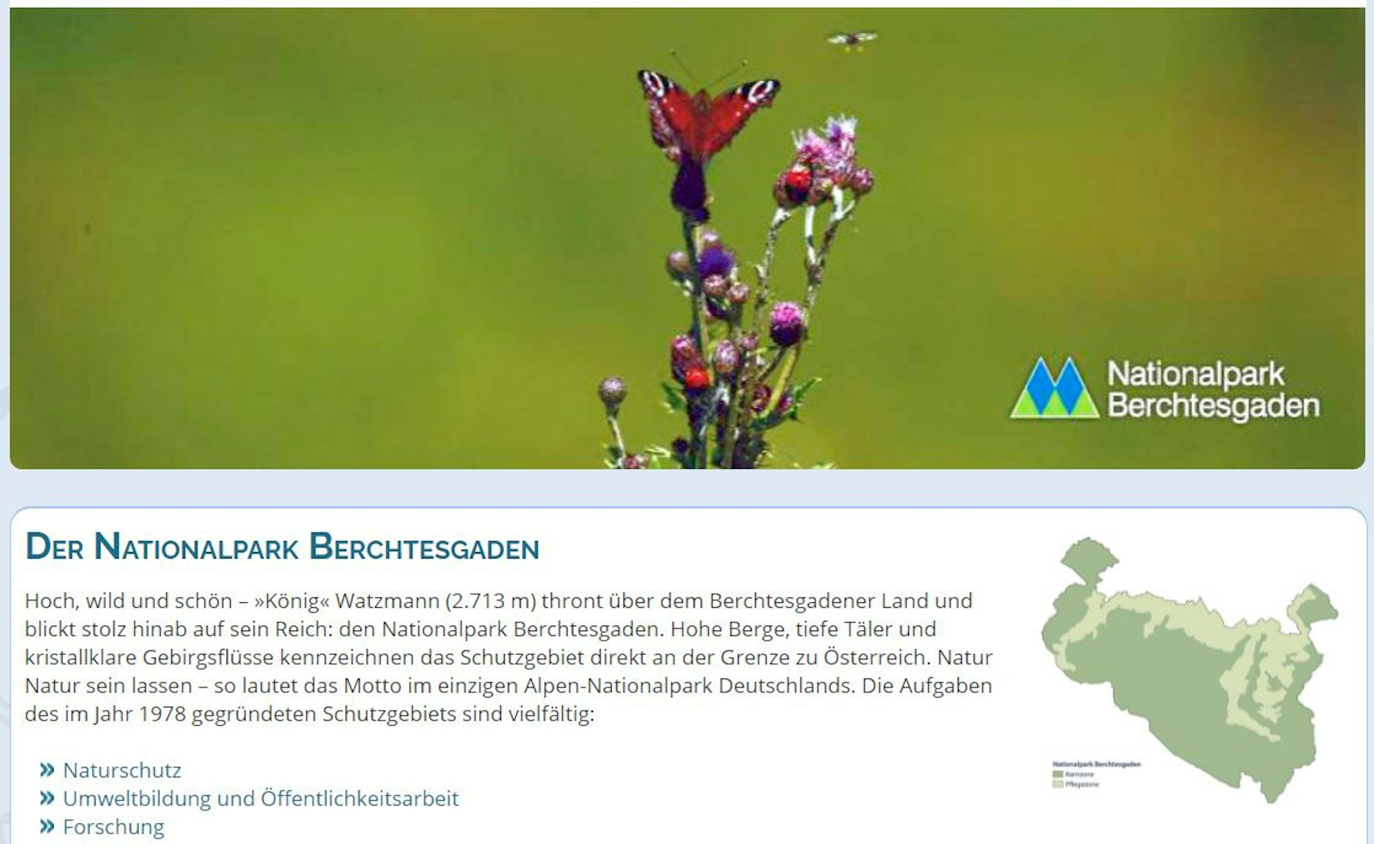 Screenshot von der Homepage des Nationalparks Berchtesgaden. Aufgenommen von Thomas Werner am 21. Juni 2021.