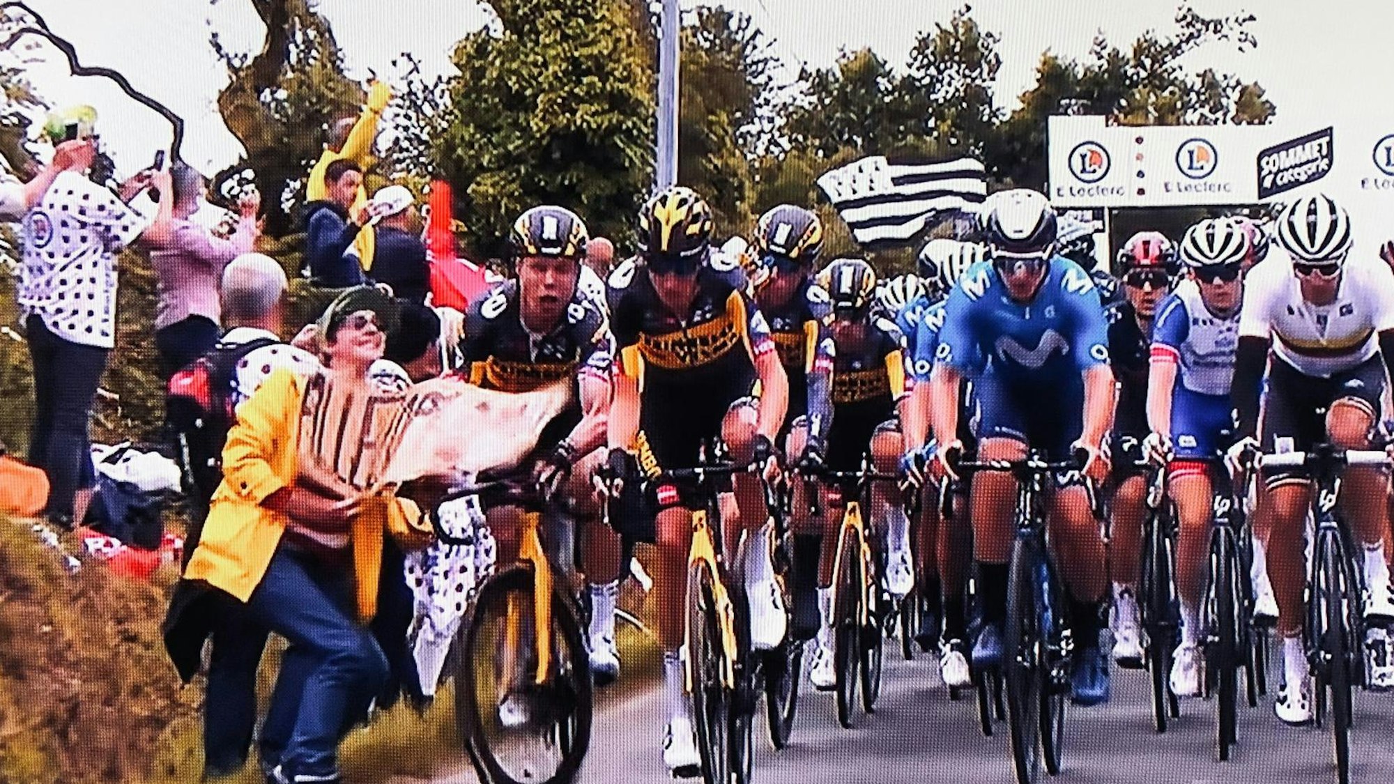 Tony Martin fährt bei der Tour de France in das Pappschild eines Fans.