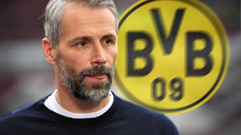 Ex-Gladbach-Trainer Marco Rose sieht sich bei seinem neuen Klub Borussia Dortmund aktuell auch Kritik ausgesetzt. Zu sehen sind Rose und das BVB-Logo.
