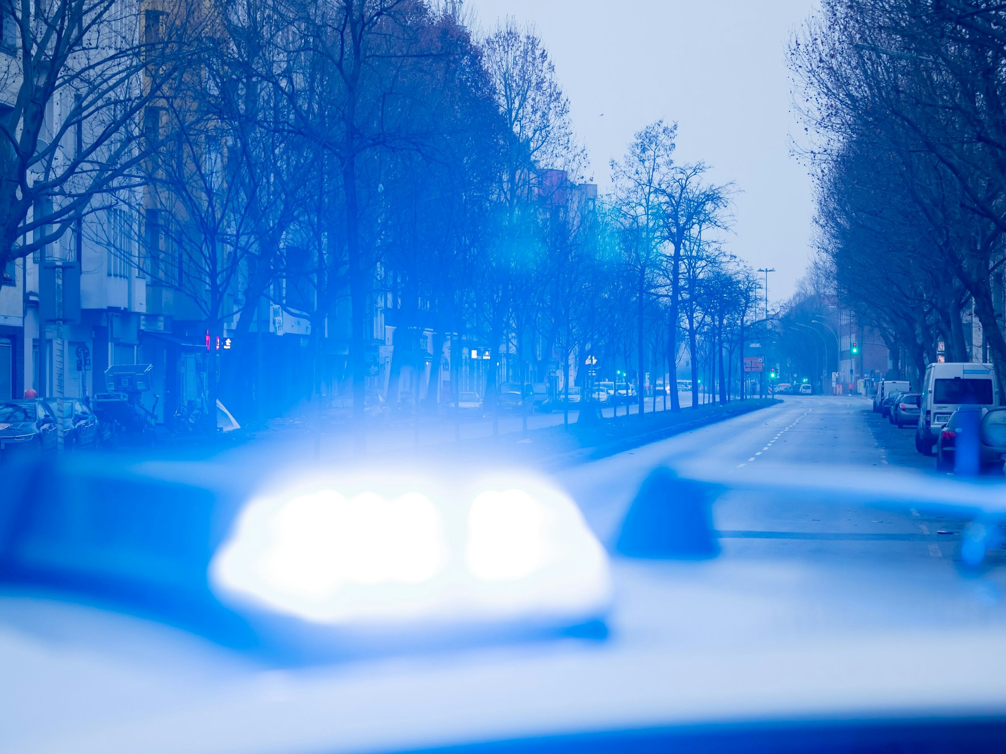 Das Blaulicht leuchtet auf einem Polizeiwagen.