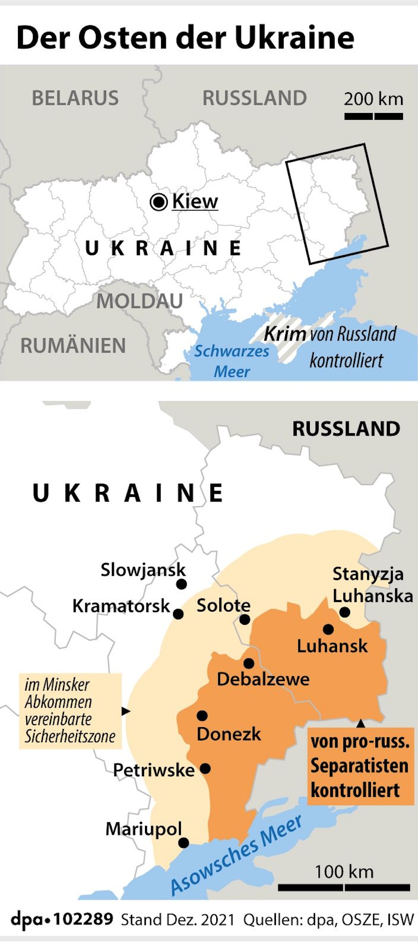 Die Karte zeigt die Ostukraine mit dem von prorussischen Separatisten kontrollierten Gebiet.