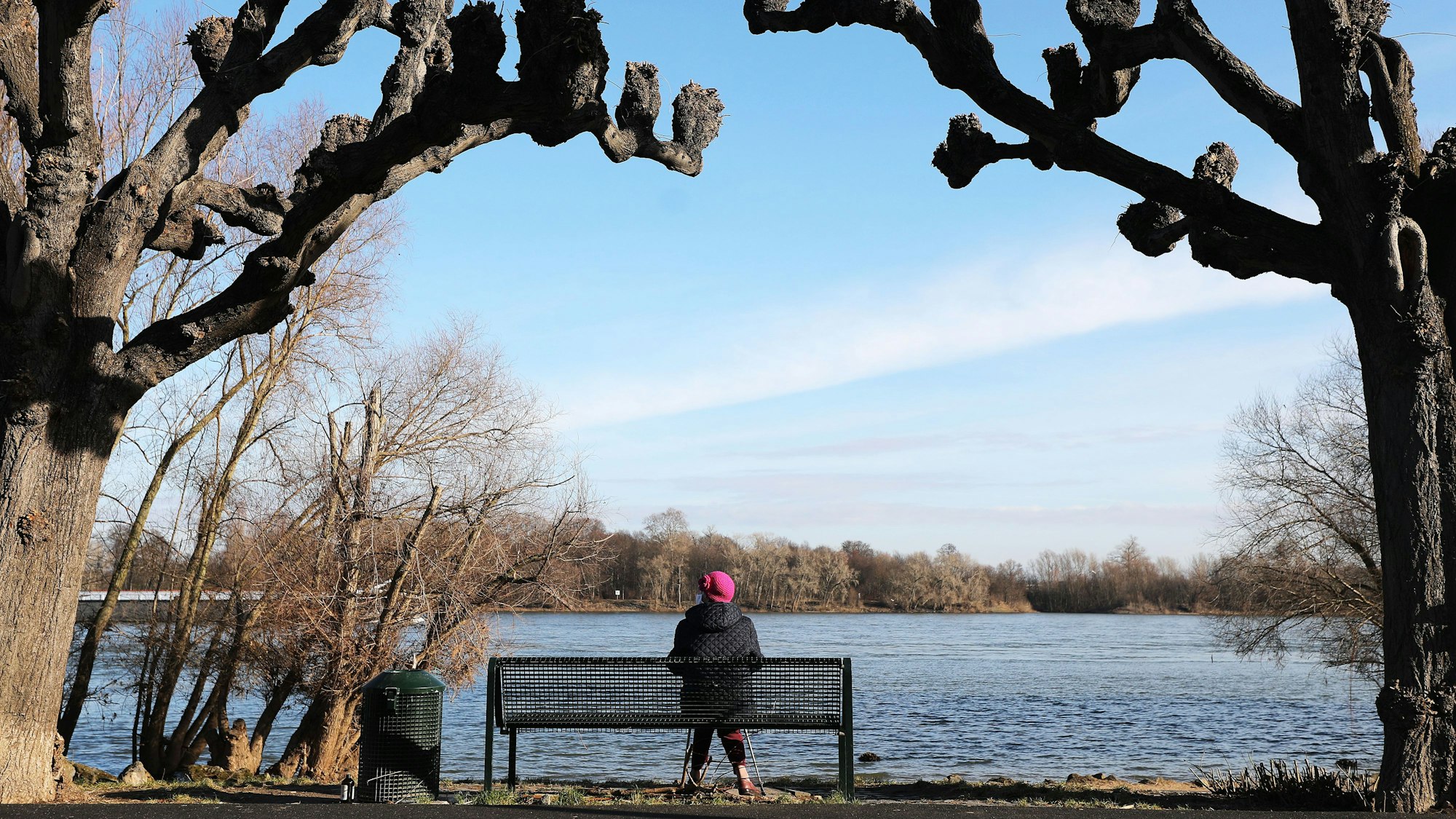 Eine Frau sitzt im Februar 2021 zwischen Platanen am Rheinufer in der Sonne. Wie wird das Wetter in den kommenden Wochen? Kommt der Winter 2022 vielleicht doch noch? Eine alte Bauernregel gibt darüber Aufschluss.