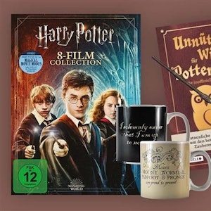 Harry Potter Filme, Backbuch, Faktenbuch, Zauberstab und Tasse.