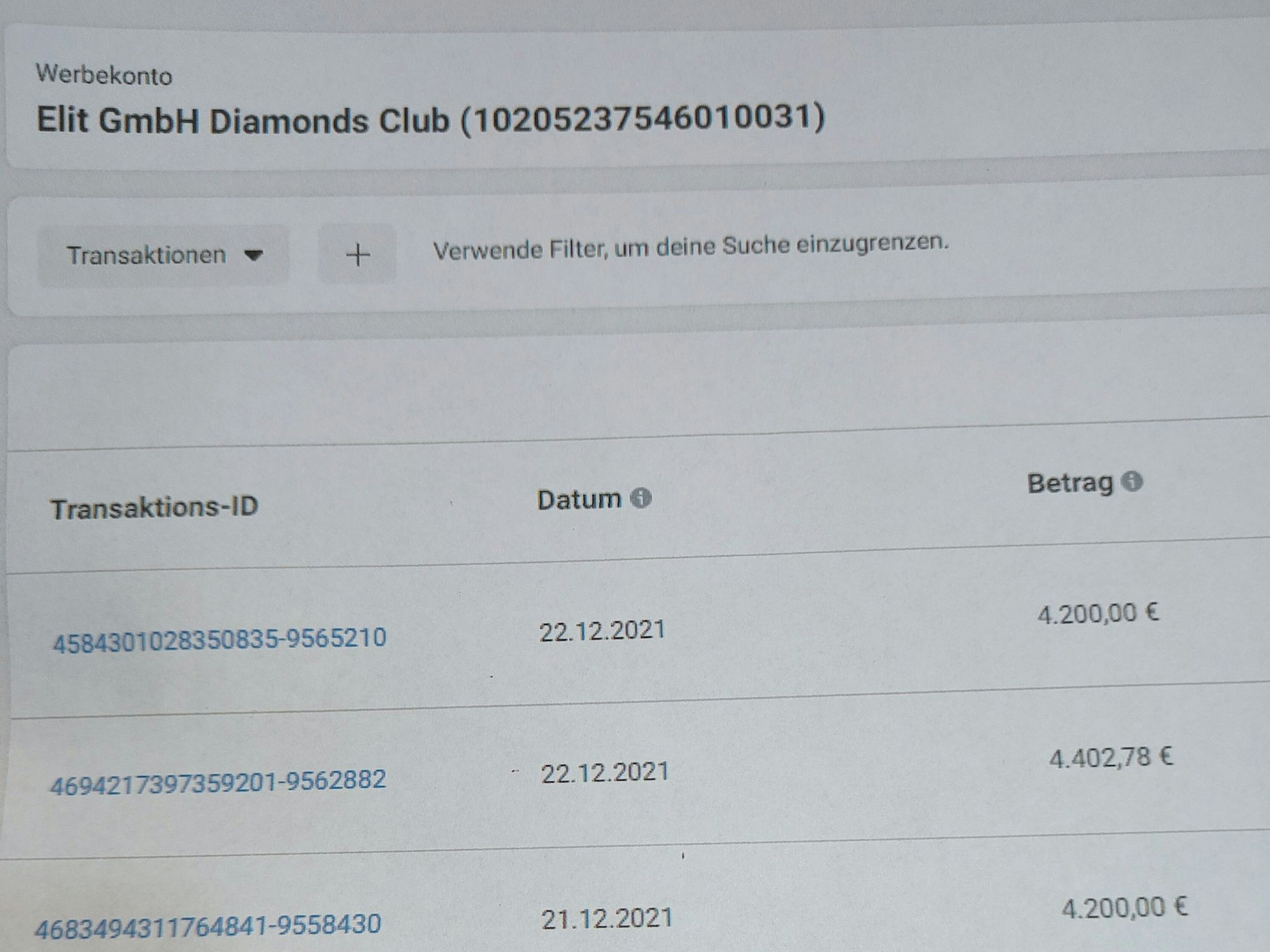 Eine Übersicht über die Transaktionen von "Diamonds"-Konto