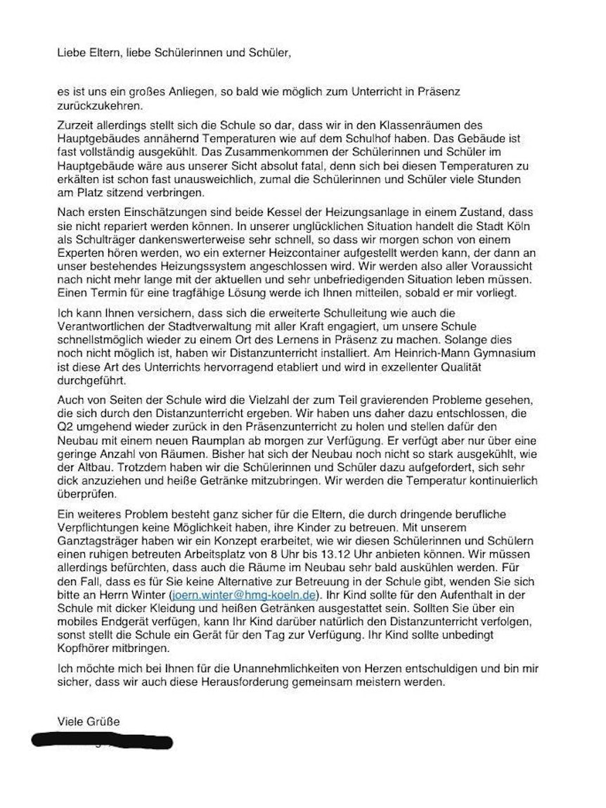 Elternbrief des Heinrich-Mann-Gymnasiums in Köln-Weiler bezüglich des Heizungsausfalls.