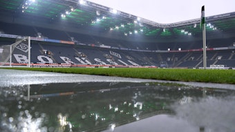 Blick auf den Platz im Borussia-Park am 22. Januar 2022 vor dem Bundesliga-Spiel zwischen Borussia Mönchengladbach und Union Berlin.