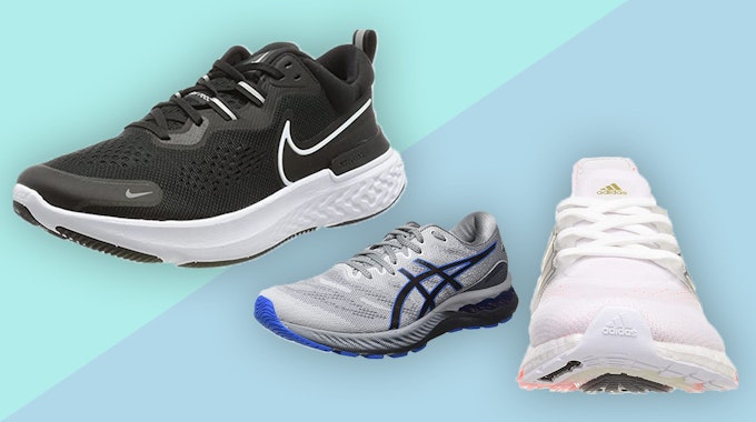 Marken-Laufschuhe von adidas, Asics und Nike in den Farben schwarz, weiß und grau.
