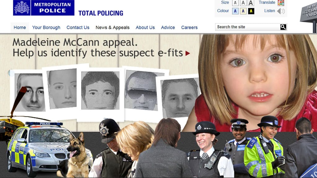Der Vermisstenfall der kleinen Maddie McCann bewegt die Menschen seit 15 Jahren. Das Foto zeigt die Homepage der britischen Metropolitan Police, die nach dem rätselhaften Verschwinden des Mädchens mit TV-Sendungen und neuen Phantombildern in die Offensive ging. Das Foto stammt aus dem Jahr 2013.