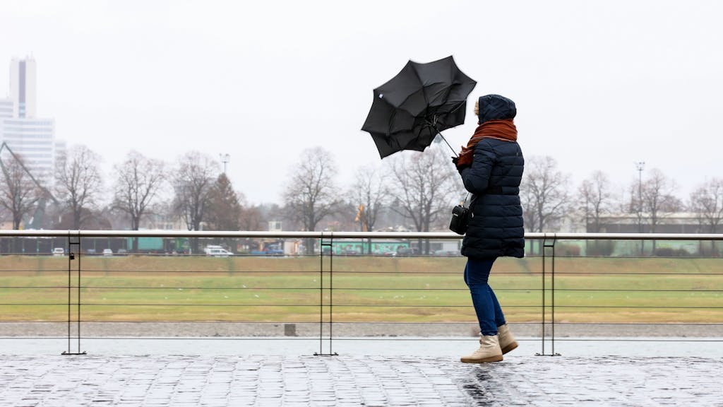 Im Rheinauhafen versucht eine Fußgängerin Ihren Schirm fest zu halten.&nbsp;