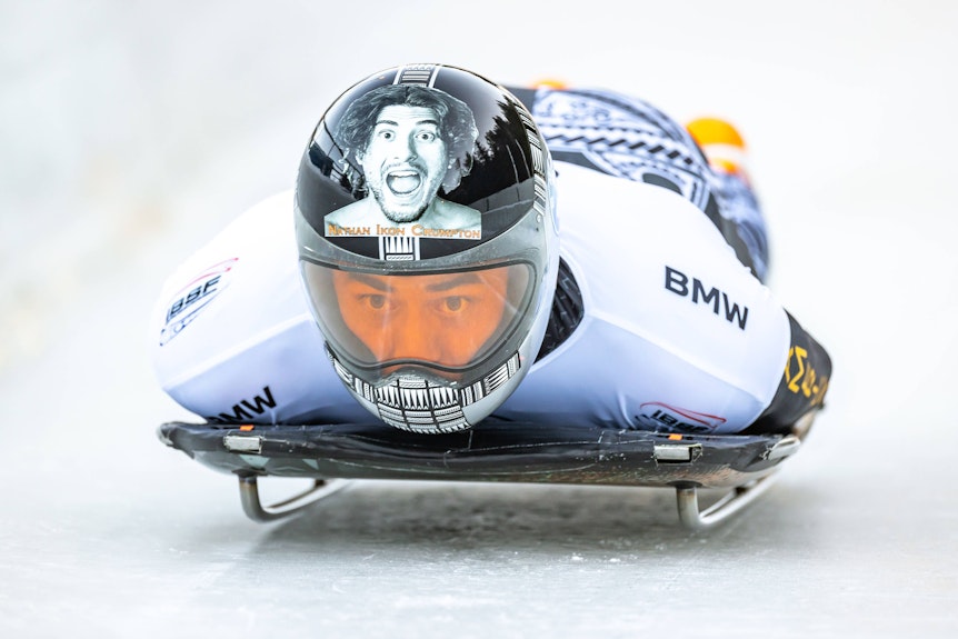 Nathan Crumpton konzentriert, hier beim Skeleton Weltcup in Innsbruck am 18. Januar 2020