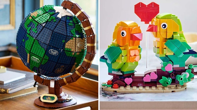 Lego Ideas Globus und Lego Valentins-Turteltauben stehen auf Tisch. Bilder zum Lego Neuheiten Februar 2022 Artikel.