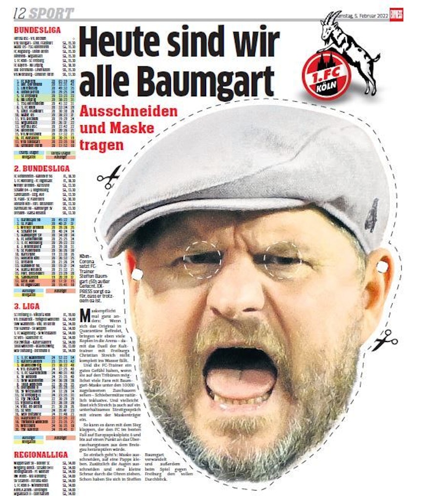 Der EXPRESS druckt am Samstag, 5. Februar 2022 eine Maske von Trainer Steffen Baumgart (1. FC Köln).