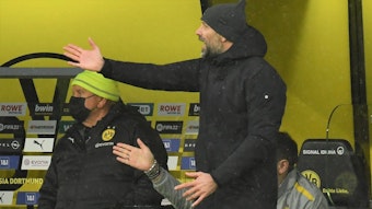 Marco Rose gestikuliert bei Borussia Dortmund in seiner Coaching-Zone.