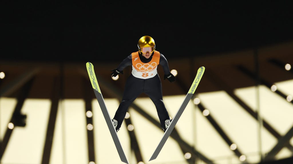 Katharina Althaus bei ihrem Versuch beim Team-Wettbewerb der Skispringer bei Olympia.
