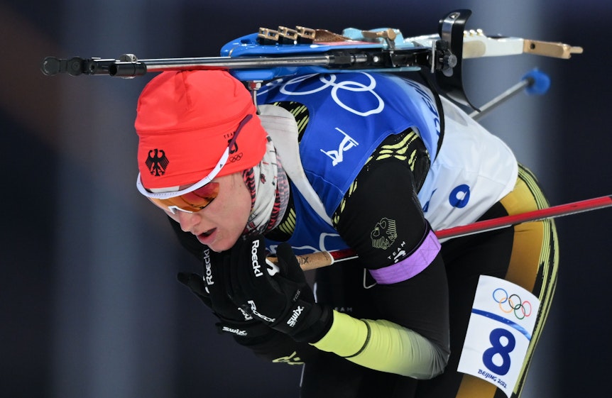 Biathlon, Olympia, Einzel 15 km, Damen im Nationalen Biathlonzentrum: Denise Herrmann aus Deutschland auf der Strecke.