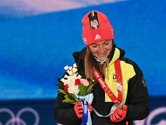 Skispringerin: Katharina Althaus aus Deutschland bei Olympia 2022 in Peking.