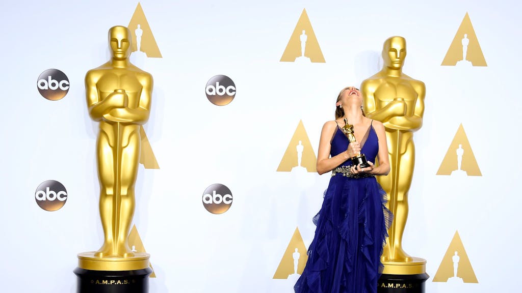 Brie Larson holds the Oscar for Actress in a Leading Role for 'Room' in the press room during the 88th annual Academy Awards ceremony at the Dolby Theatre in Hollywood, California, USA, 28 February 2016.