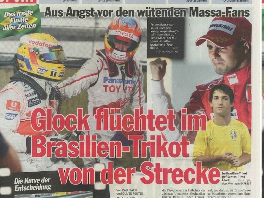 EXPRESS-Bericht vom 4.11.2008 über das verrückte WM-Finale in Interlagos, nach dem Toyota-Pilot Timo Glock im Brasilien-Trikot von der Strecke flüchten musste.