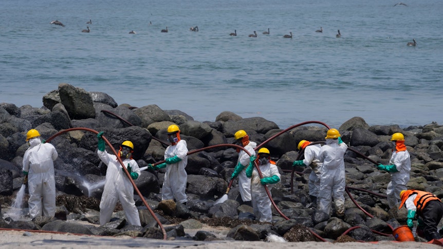 Noch am 15. Februar, rund ein Monat nach der Katastrophe, säubern Arbeiter in Schutzkleidung die den Pocitos Beach in Ancon (Peru).