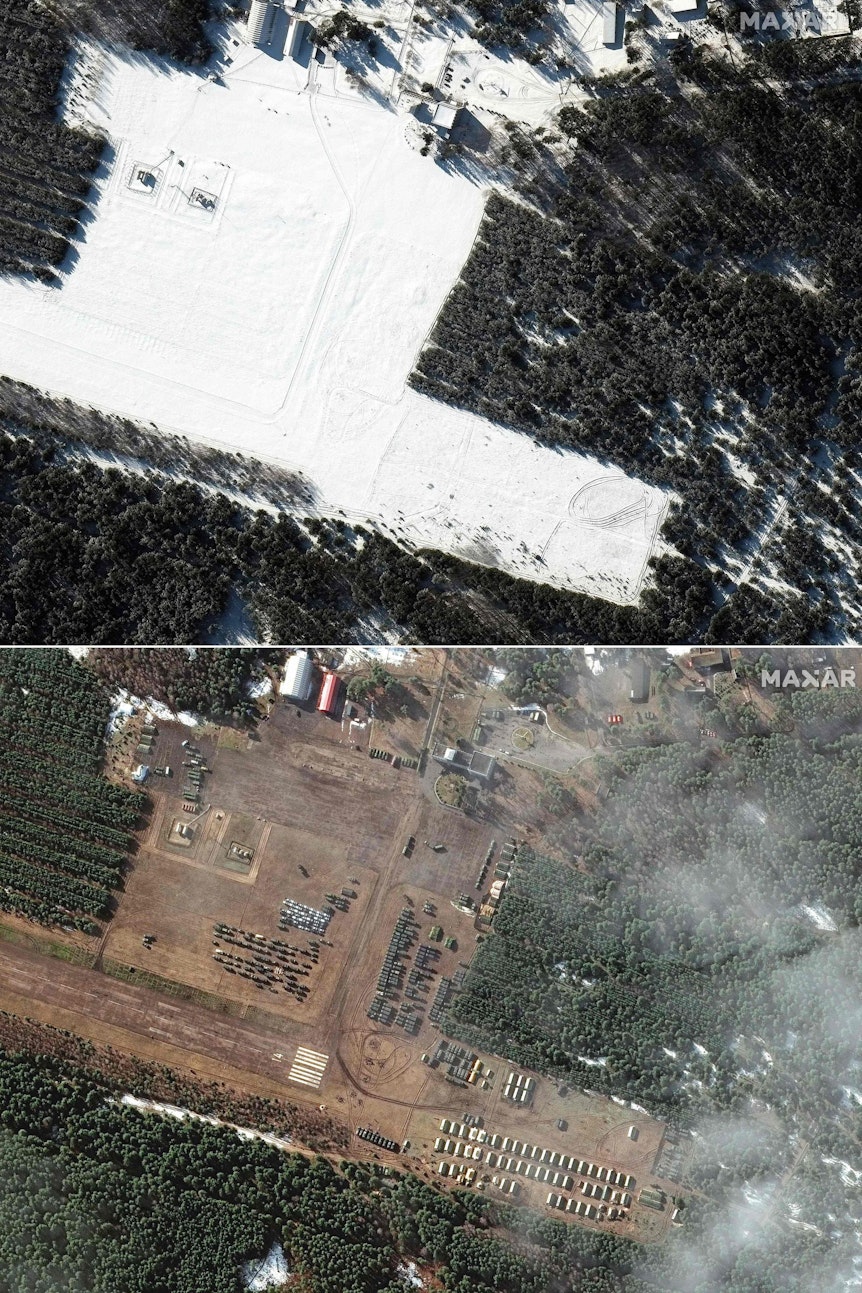Zwischen den beiden Aufnahmen liegen 18 Tage. Sie zeigen den Flugplatz Bokov in der Nähe von Mazyr in Weißrussland.