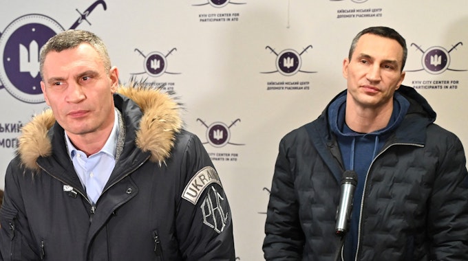 Vitali (v.) und Wladimir Klitschko bei einer Pressekonferenz