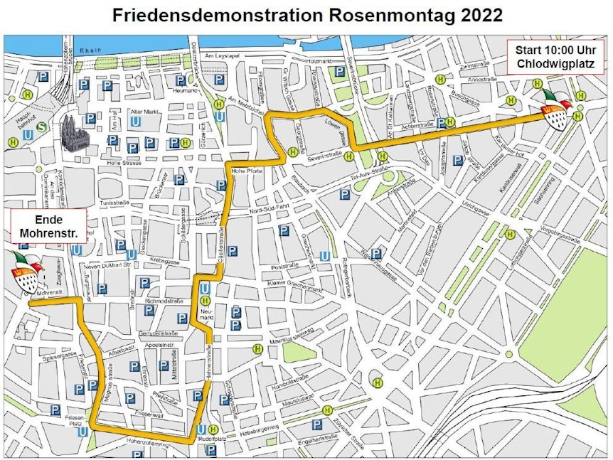 Die Wegstrecke der Friedens-Demo am Rosenmontag 2022 in Köln.