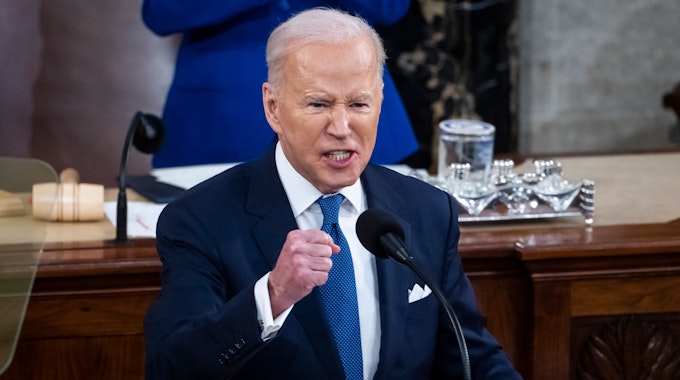 Joe Biden, Präsident der USA, spricht zu Abgeordneten bei seiner Rede zur Lage der Nation vor einer gemeinsamen Sitzung des Kongresses im Kapitol.
